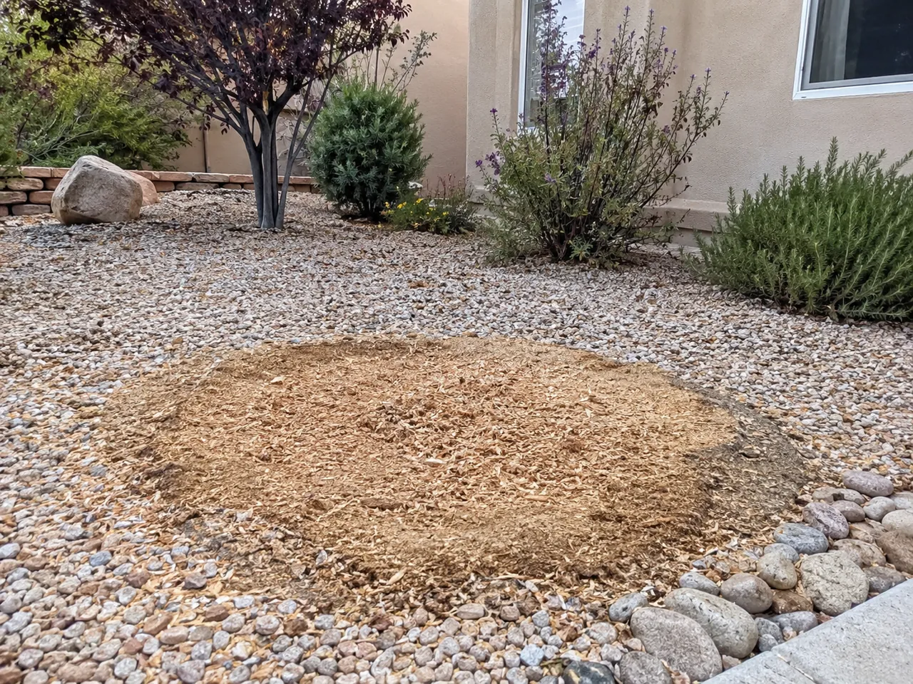 Albuquerque-style xeriscaped yard after stump work